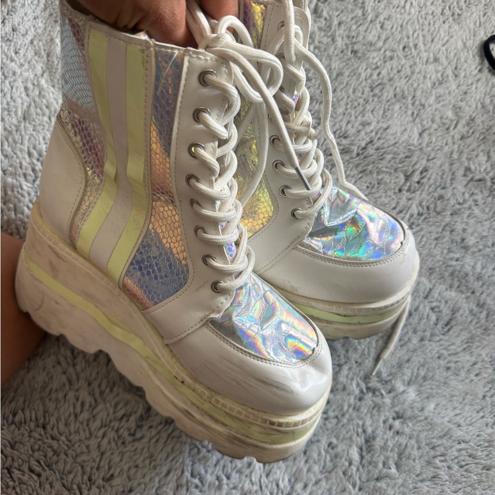 White Holographic Platform Lace-Up Bootie - Women